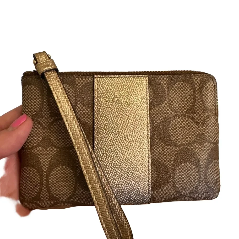 COACH Coated Canvas & Leather Corner Zip Wristlet in Khaki & Gold